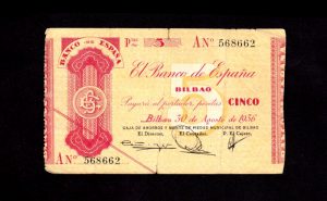 Banco de Bilbao 1936, 5 pesetas, serie A, B/C+, rotura en margen superior anverso