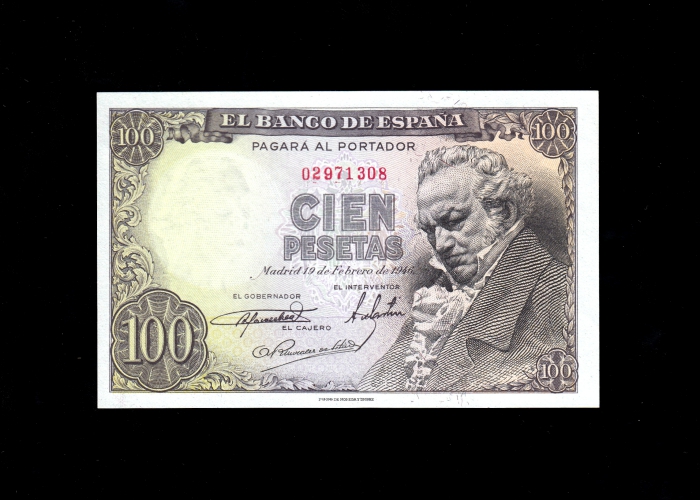 100 Pesetas 1946, sin serie, S/C-, marquita en lateral anverso 100 Pesetas 1946, sin serie, S/C-, marquita en lateral anverso