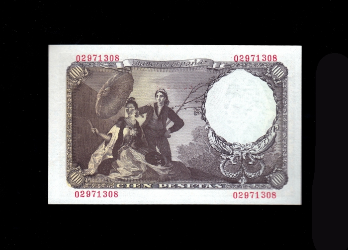 100 Pesetas 1946, sin serie, S/C-, marquita en lateral reverso 100 Pesetas 1946, sin serie, S/C-, marquita en lateral reverso