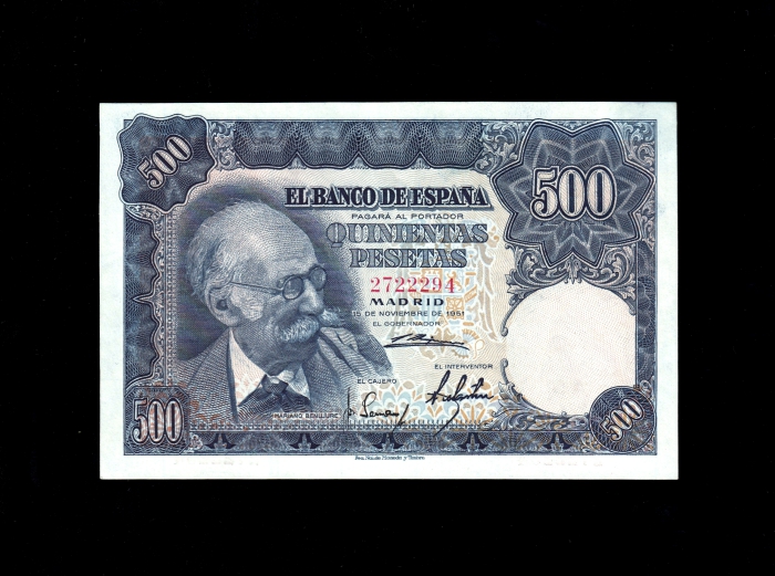 500 Pesetas 1951, sin serie, S/C-, marquita en lateral anverso 500 Pesetas 1951, sin serie, S/C-, marquita en lateral anverso