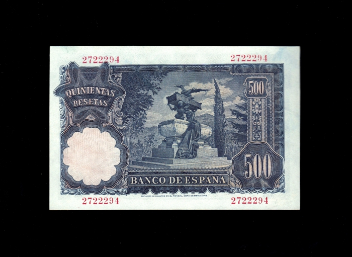 500 Pesetas 1951, sin serie, S/C-, marquita en lateral reverso 500 Pesetas 1951, sin serie, S/C-, marquita en lateral reverso