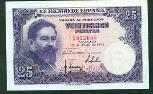 1954 Albeniz - Último billete de 25 Ptas. que circuló en España.