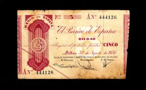Banco de Bilbao 1936, 5 pesetas, serie A, B/C, manchado anverso
