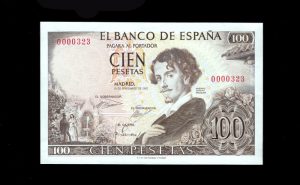 Número bajo, 100 Pesetas 1965, sin serie, S/C-, marquita en lateral anverso