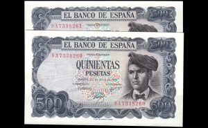 Pareja correlativa 500 Pesetas 1971, serie 9A, S/C anverso