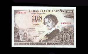 Número bajo, 100 Pesetas 1965, sin serie, S/C-, marquita en lateral anverso