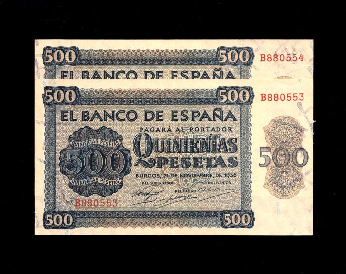 Pareja correlativa 500 Pesetas 1936, serie B, EBC anverso Pareja correlativa 500 Pesetas 1936, serie B, EBC anverso