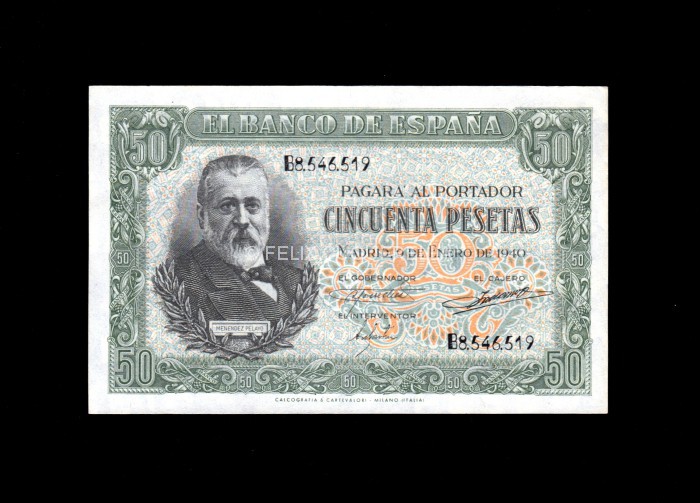 50 Pesetas 1940, serie B, S/C-, mínima rozadura en margen superior anverso 50 Pesetas 1940, serie B, S/C-, mínima rozadura en margen superior anverso