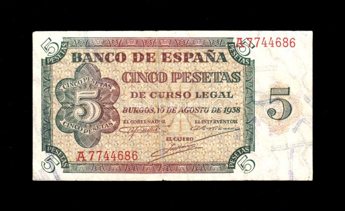 5 pesetas 1938, serie A, EBC-, doblez central muy marcado anverso 5 pesetas 1938, serie A, EBC-, doblez central muy marcado anverso