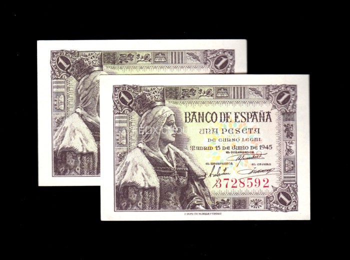 Pareja correlativa 1 peseta 1945, sin serie, S/C-, pico doblado Pareja correlativa 1 peseta 1945, sin serie, S/C-, pico doblado
