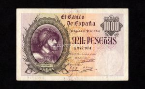 1000 pesetas Octubre 1940, sin serie, EBC-, pico doblado, 2 dobleces verticales anverso