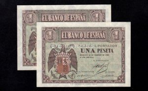 Pareja correlativa 1 Peseta Febrero 1938, serie A, S/C , pico doblado