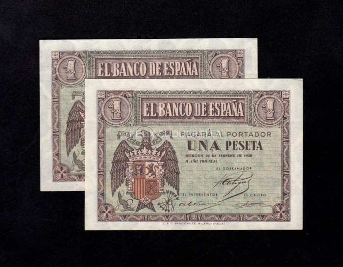 Pareja correlativa 1 Peseta Febrero 1938, serie A, S/C , pico doblado Pareja correlativa 1 Peseta Febrero 1938, serie A, S/C , pico doblado