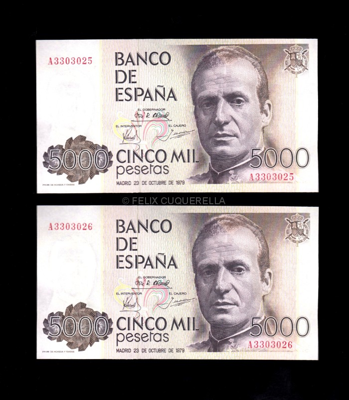 Pareja correlativa 5000 pesetas 1979, serie A, S/C anverso Pareja correlativa 5000 pesetas 1979, serie A, S/C anverso