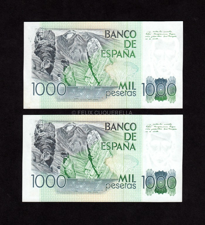 Pareja correlativa 1000 pesetas 1979, sin serie, S/C- reverso Pareja correlativa 1000 pesetas 1979, sin serie, S/C- reverso