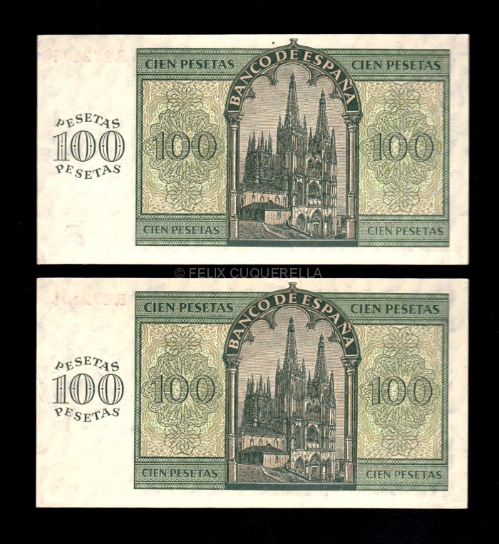 Pareja correlativa 100 Pesetas 1936, serie F, S/C, marcas del paquete en el centro reverso Pareja correlativa 100 Pesetas 1936, serie F, S/C, marcas del paquete en el centro reverso
