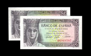 Pareja correlativa 5 pesetas 1943, serie D, S/C