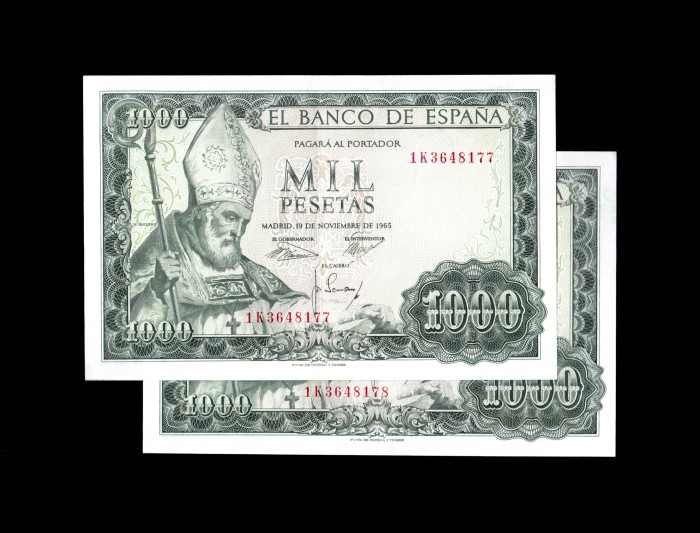 Escanear 104 Pareja correlativa 1000 pesetas 1965, serie 1K, EBC+