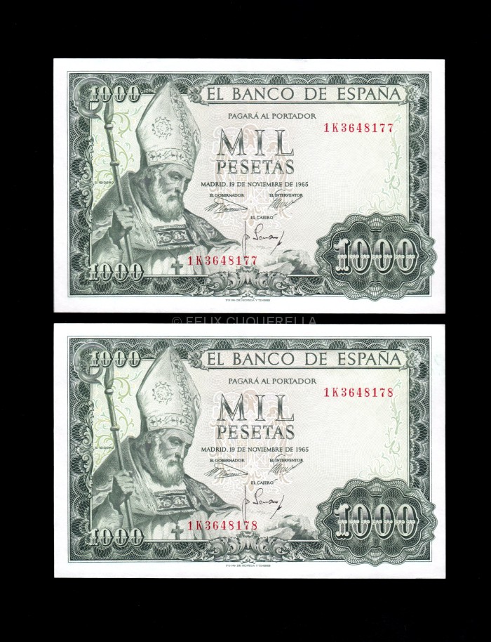 Escanear 105 Pareja correlativa 1000 pesetas 1965, serie 1K, EBC+ anverso