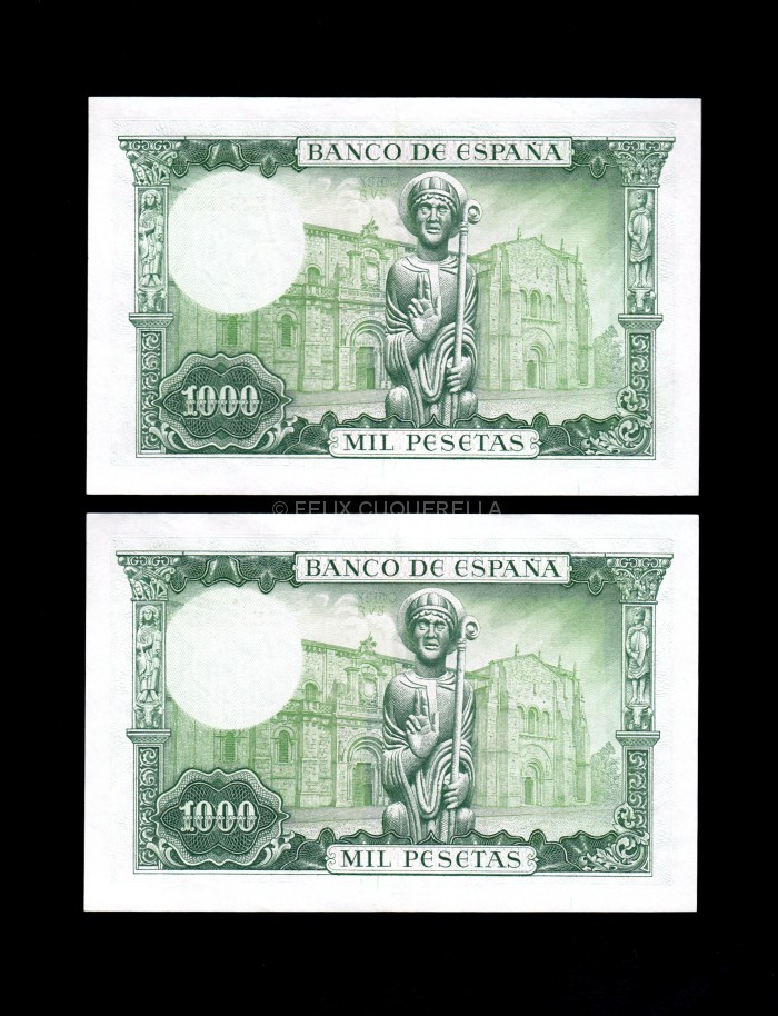Pareja correlativa 1000 pesetas 1965, serie 1K, EBC+ reverso Pareja correlativa 1000 pesetas 1965, serie 1K, EBC+ reverso