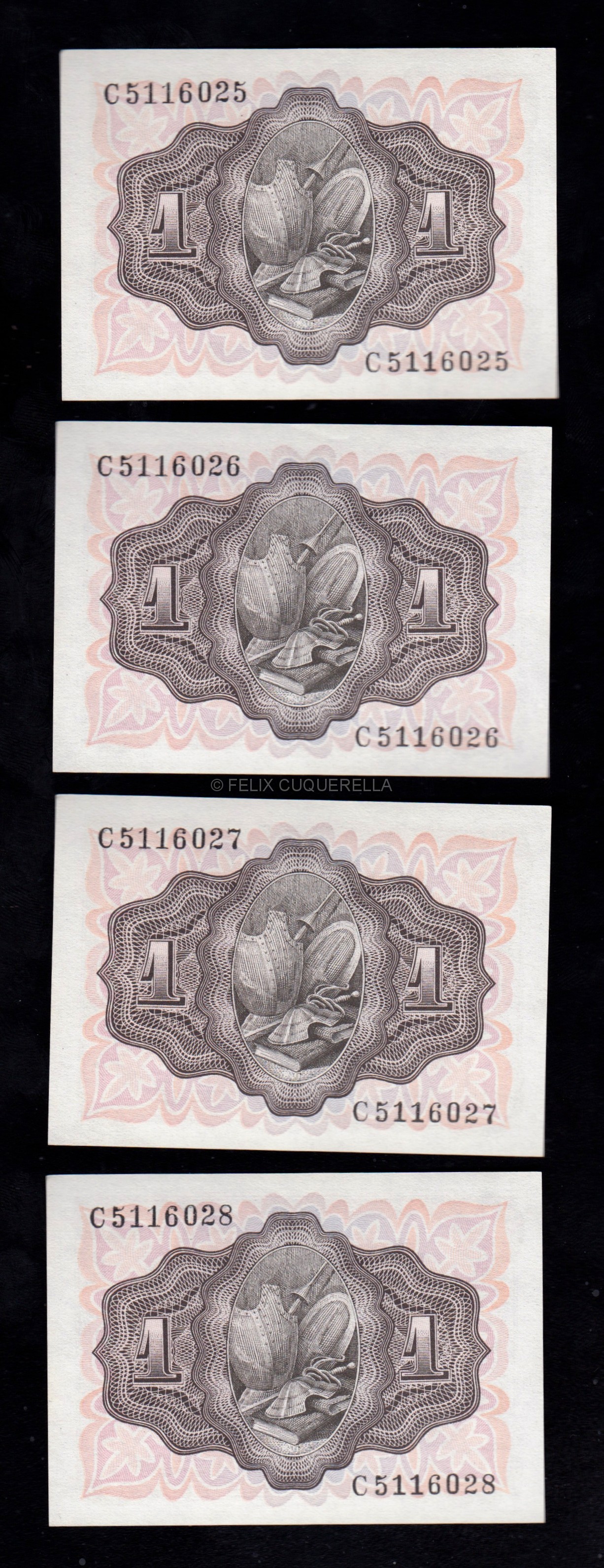 4 Billetes correlativos 1 Peseta 1951, serie C, S/C- 4 Billetes correlativos 1 Peseta 1951, serie C, S/C-