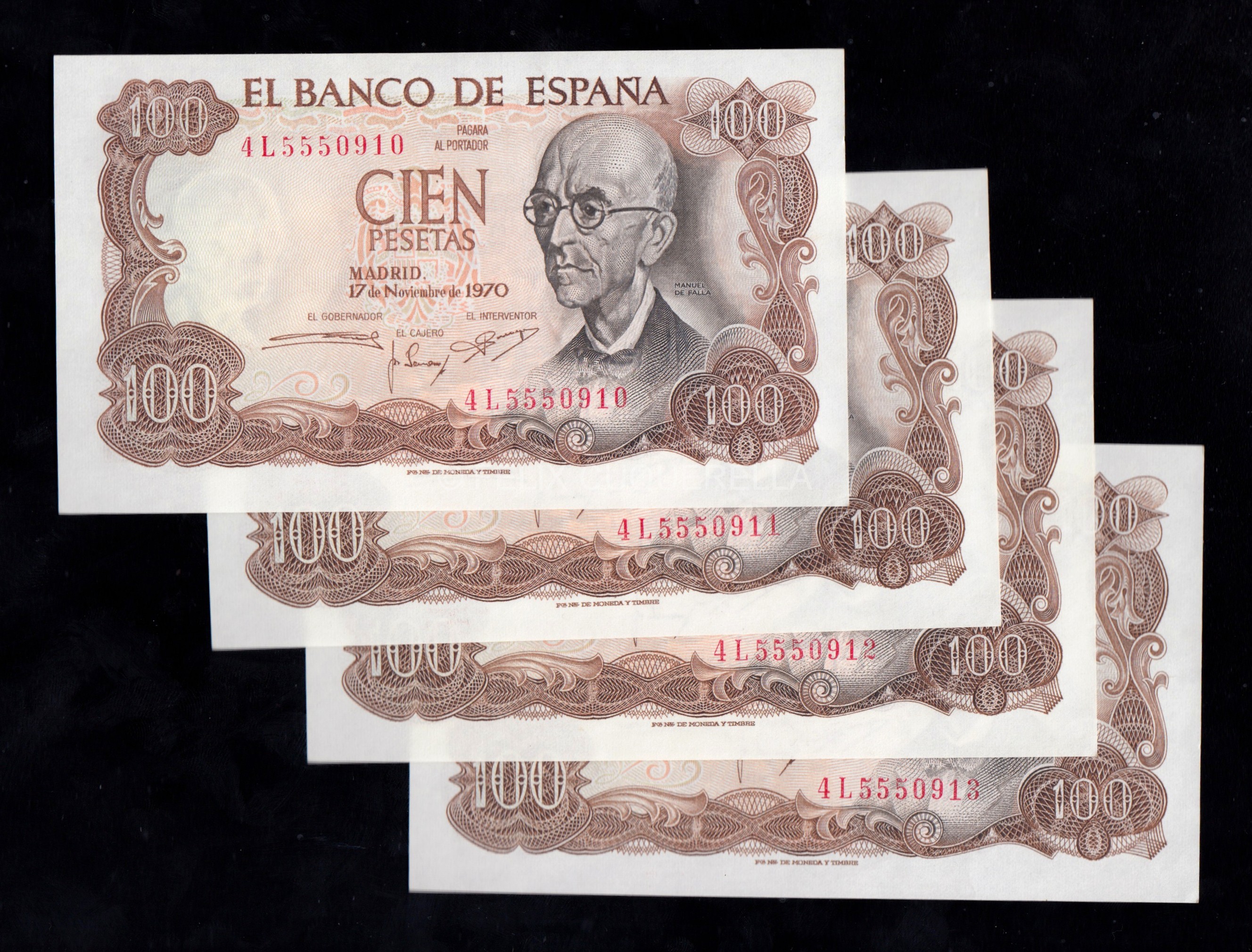 4 Billetes correlativos 100 Pesetas 1970, serie 4L, S/C- 4 Billetes correlativos 100 Pesetas 1970, serie 4L, S/C-