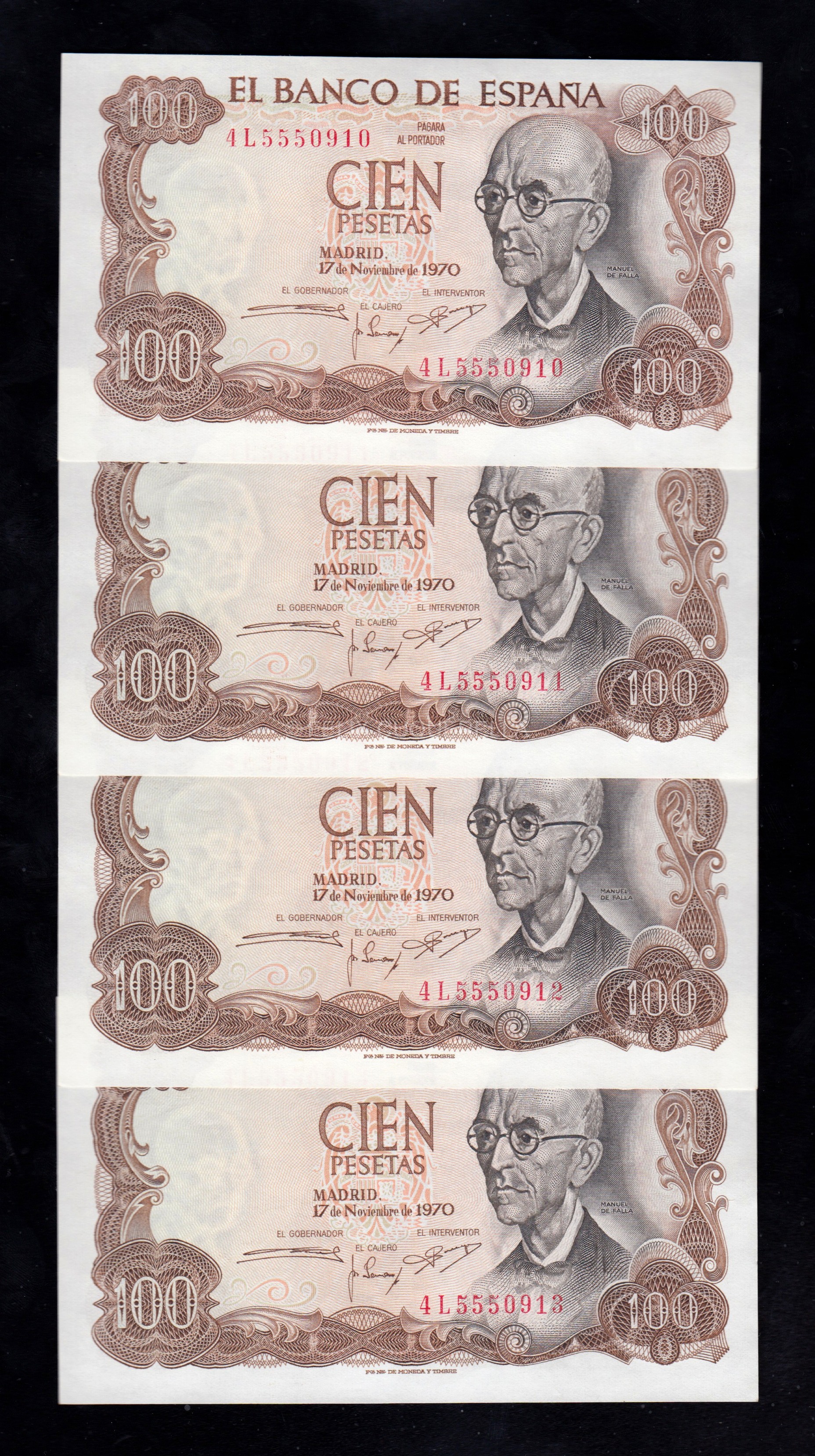 4 Billetes correlativos 100 Pesetas 1970, serie 4L, S/C- 4 Billetes correlativos 100 Pesetas 1970, serie 4L, S/C-