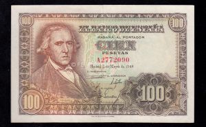 100 Pesetas 1948, serie A, EBC-, doblez marcado