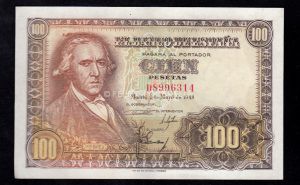 100 Pesetas 1948, serie D, EBC-, doblez marcado