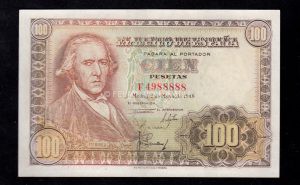 100 Pesetas 1948, serie F, EBC-, doblez marcado