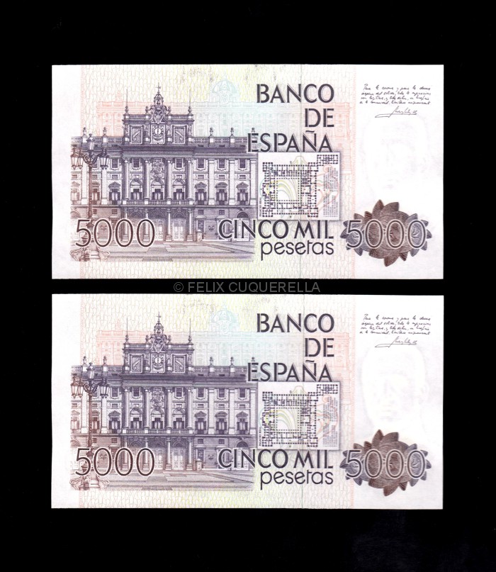 Pareja correlativa 5000 pesetas 1979, serie A, S/C reverso
