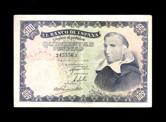 500 Pesetas 1946, sin serie, MBC-, reparaciones en el centro de los márgenes superior e inferior anverso 500 Pesetas 1946, sin serie, MBC-, reparaciones en el centro de los márgenes superior e inferior anverso