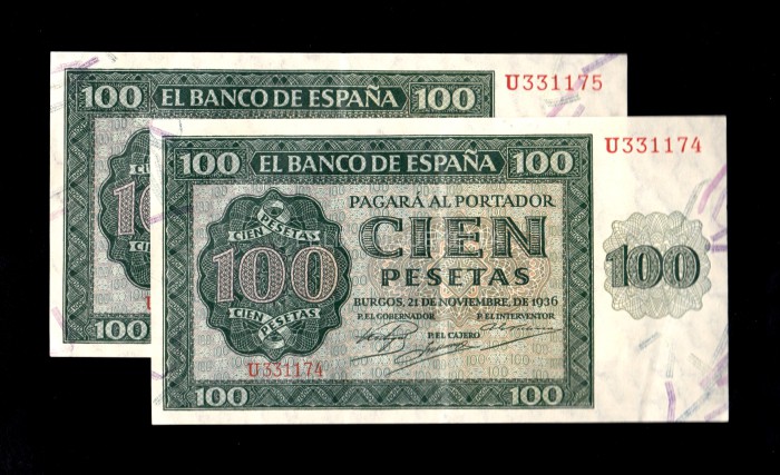 Pareja correlativa 100 Pesetas 1936, serie U, EBC, 2 dobleces verticales (1 doblez no cruza el billete) Pareja correlativa 100 Pesetas 1936, serie U, EBC, 2 dobleces verticales (1 doblez no cruza el billete)