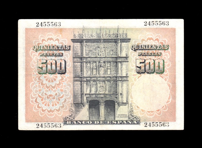 500 Pesetas 1946, sin serie, MBC-, reparaciones en el centro de los márgenes superior e inferior reverso 500 Pesetas 1946, sin serie, MBC-, reparaciones en el centro de los márgenes superior e inferior reverso
