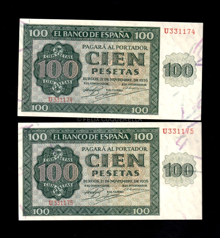 Pareja correlativa 100 Pesetas 1936, serie U, EBC, 2 dobleces verticales (1 doblez no cruza el billete) anverso Pareja correlativa 100 Pesetas 1936, serie U, EBC, 2 dobleces verticales (1 doblez no cruza el billete) anverso