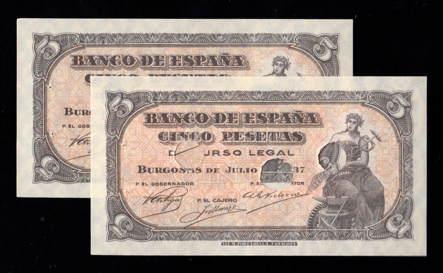 Pareja correlativa 5 pesetas 1937, serie C, taladrado, sin numeración, S/C, puntos de aguja Pareja correlativa 5 pesetas 1937, serie C, taladrado, sin numeración, S/C, puntos de aguja