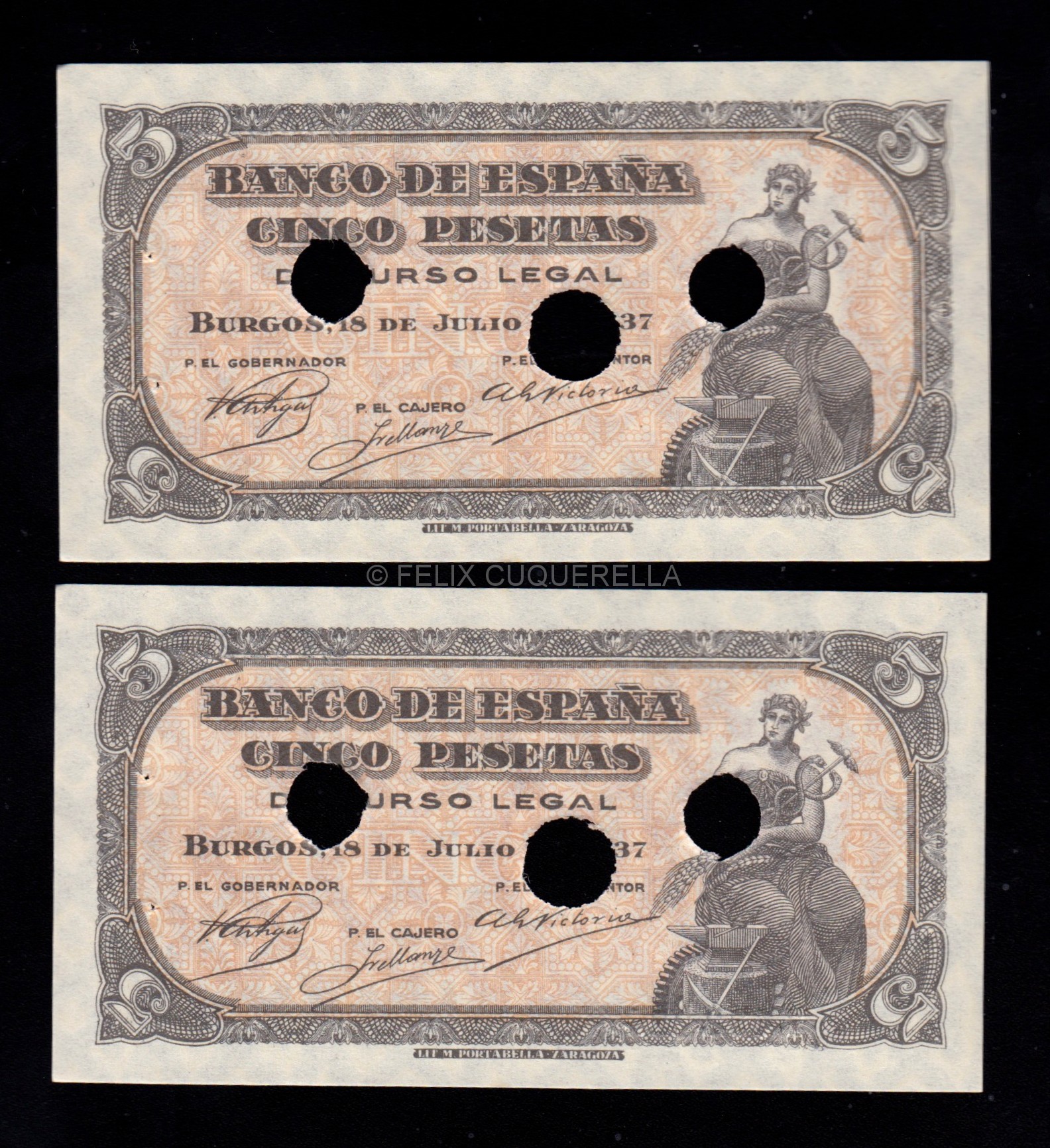 Pareja correlativa 5 pesetas 1937, serie C, taladrado, sin numeración, S/C, puntos de aguja Pareja correlativa 5 pesetas 1937, serie C, taladrado, sin numeración, S/C, puntos de aguja
