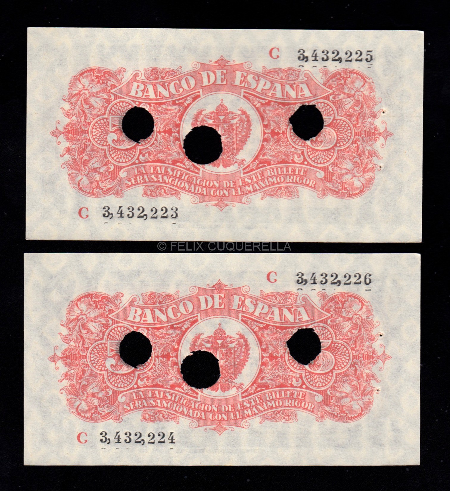 Pareja correlativa 5 pesetas 1937, serie C, taladrado, sin numeración, S/C, puntos de aguja Pareja correlativa 5 pesetas 1937, serie C, taladrado, sin numeración, S/C, puntos de aguja