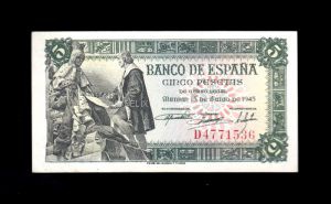 5 pesetas 1945, serie D, S/C-, marquita en esquina anverso