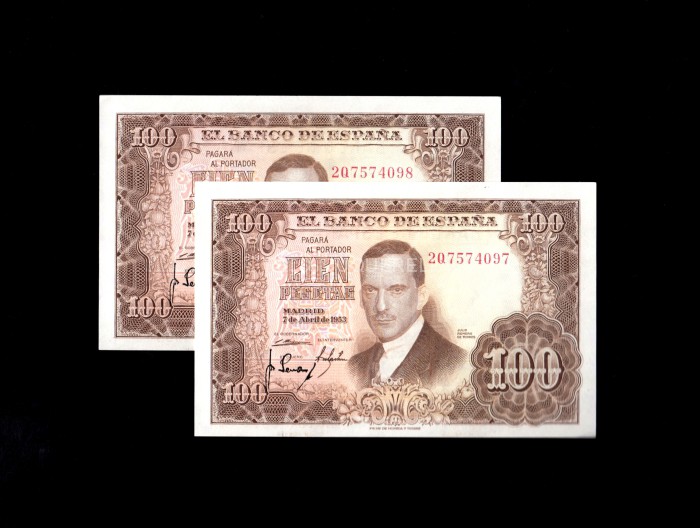 Pareja correlativa 100 Pesetas 1953, serie 2Q, S/C Pareja correlativa 100 Pesetas 1953, serie 2Q, S/C