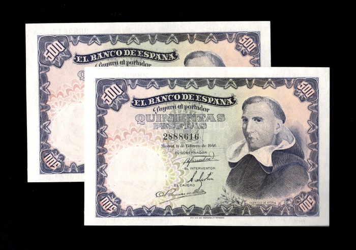 Pareja correlativa 500 Pesetas 1946, sin serie, EBC+ Pareja correlativa 500 Pesetas 1946, sin serie, EBC+