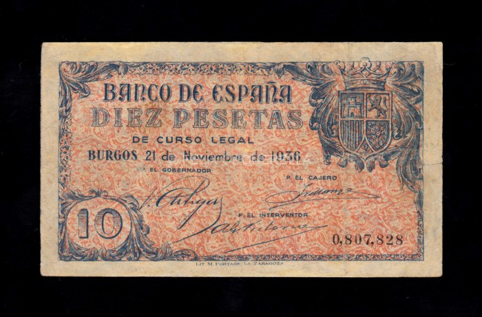 10 pesetas 1936, MBC-, márgenes sucios, restauraciones anverso 10 pesetas 1936, MBC-, márgenes sucios, restauraciones anverso