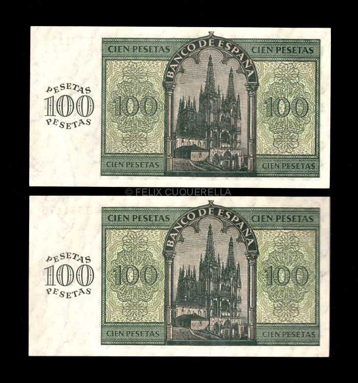 Pareja correlativa 100 Pesetas 1936, serie U, EBC, 2 dobleces verticales (1 doblez no cruza el billete) reverso Pareja correlativa 100 Pesetas 1936, serie U, EBC, 2 dobleces verticales (1 doblez no cruza el billete) reverso