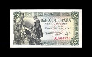 5 pesetas 1945, serie J, S/C-, manchita en reverso anverso
