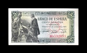 5 pesetas 1945, serie B, S/C-, marquita en esquina anverso