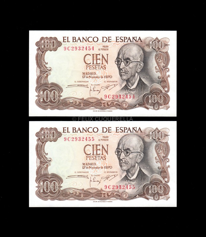 Pareja correlativa 100 Pesetas 1970, serie 9C, S/C-, marquita en lateral anverso Pareja correlativa 100 Pesetas 1970, serie 9C, S/C-, marquita en lateral anverso