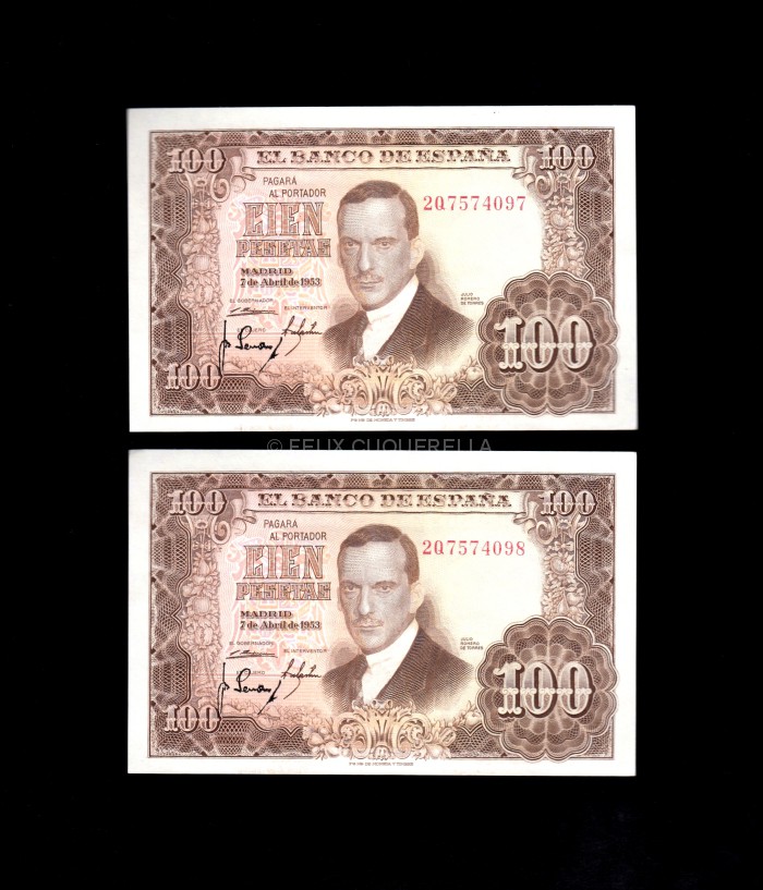 Pareja correlativa 100 Pesetas 1953, serie 2Q, S/C anverso Pareja correlativa 100 Pesetas 1953, serie 2Q, S/C anverso