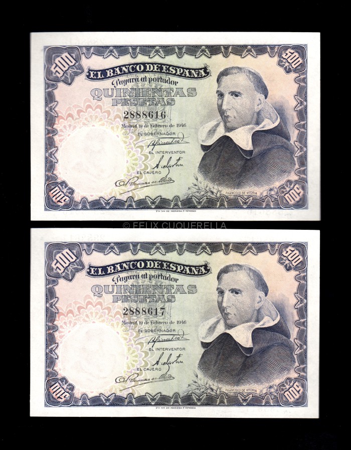 Pareja correlativa 500 Pesetas 1946, sin serie, EBC+ anverso Pareja correlativa 500 Pesetas 1946, sin serie, EBC+ anverso