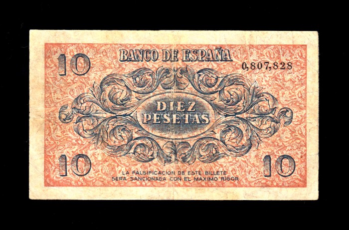 10 pesetas 1936, MBC-, márgenes sucios, restauraciones reverso 10 pesetas 1936, MBC-, márgenes sucios, restauraciones reverso