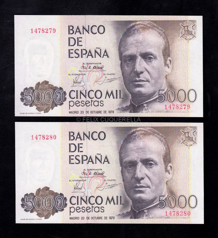 Pareja correlativa 5000 pesetas 1979, sin serie, S/C ANVERSO Pareja correlativa 5000 pesetas 1979, sin serie, S/C ANVERSO